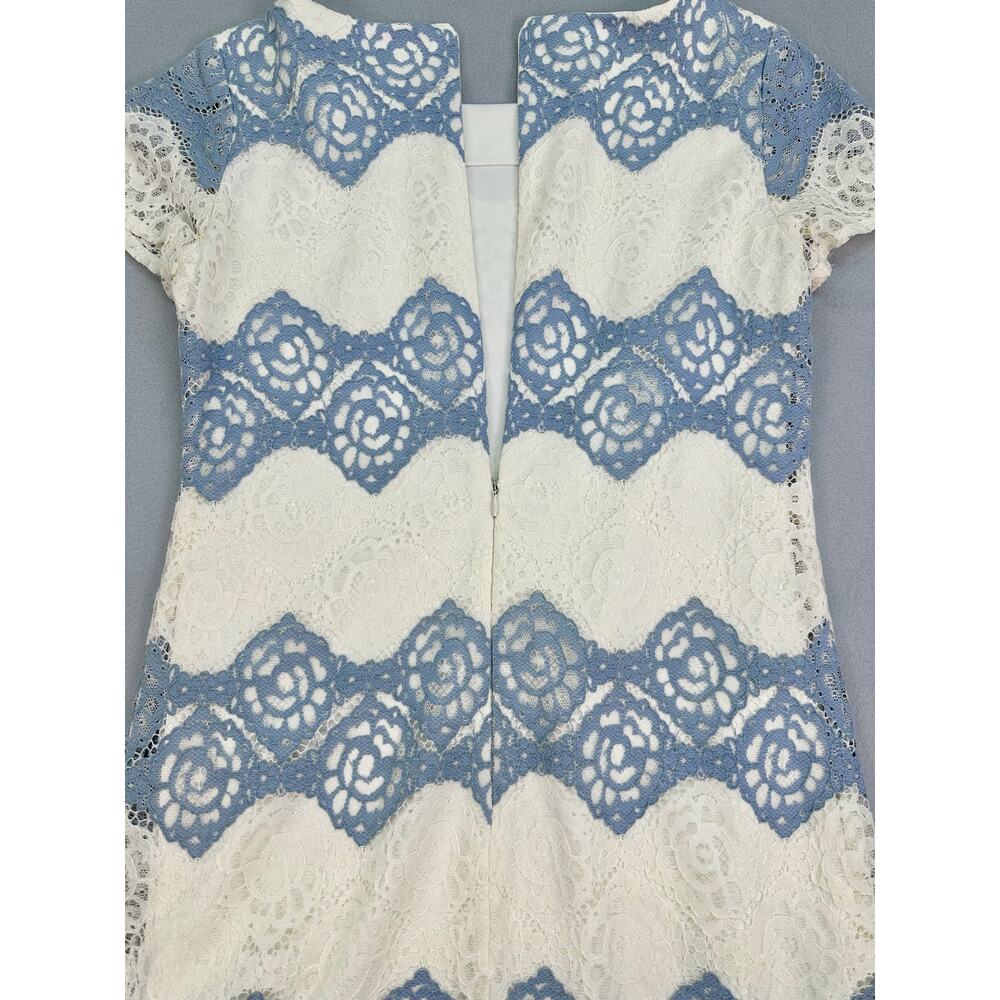 London Times Blue White Lace Sheath Dress Elegant Floral Crochet Overlay Size 6 - Picture 5 of 12